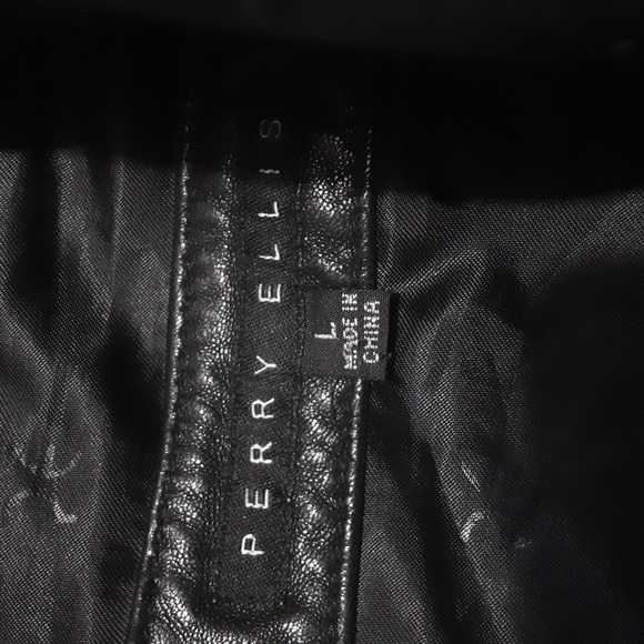 Perry Ellis men leather jacket pea coat in size L y2k black button down winter - Picture 7 of 7